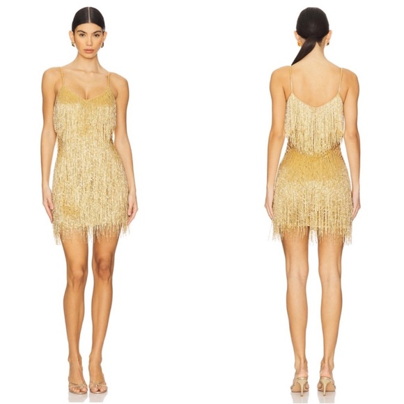 Nadine Merabi Tammy Beaded Fringe Sequin Embellished Gold Mini Dress Size Small - Picture 1 of 12